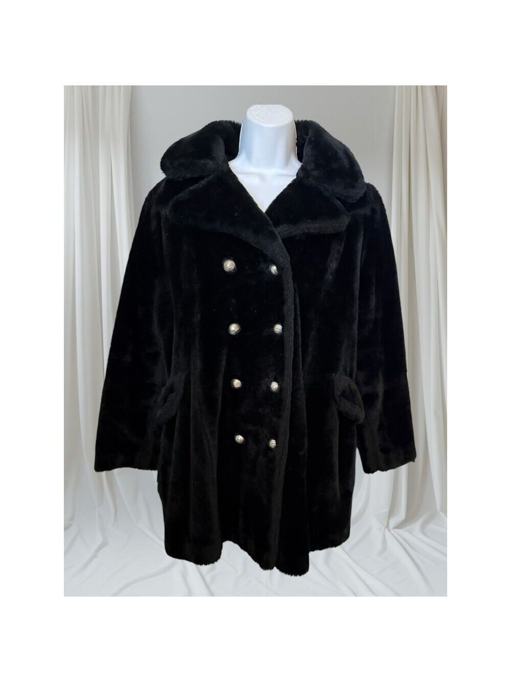 Vtg 1960s Blk Faux Fur Dbl Breasted Coat w Fur-Trim Gloves USA by Wash & Wear